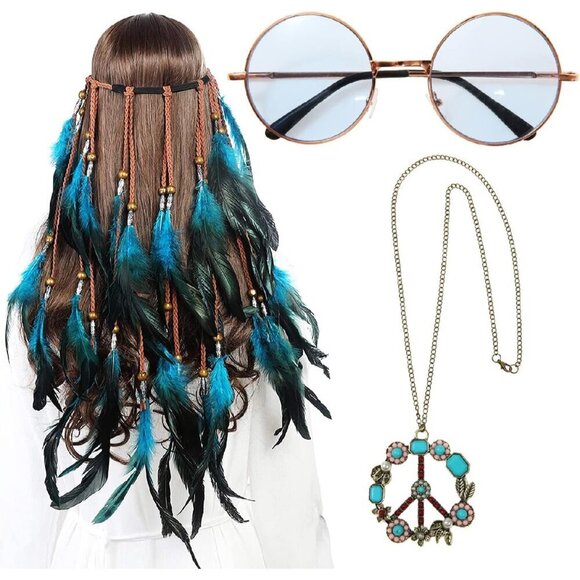 Women Hippie Costume Set 70s Boho Accessories Peace Sign Necklace Sunglasses main image 7